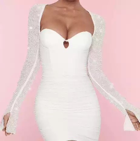 Embellished Long Sleeve Mini Dress in White